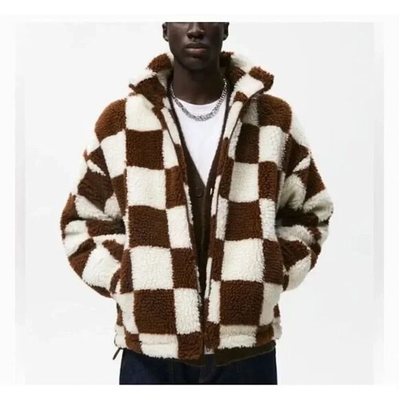 ZARA MEN combination checkered/ plaid fleece jacket  Oversized Cozy SZ S - Picture 1 of 16